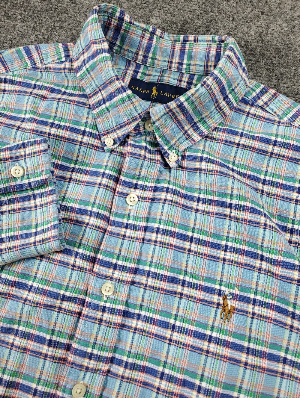 Ralph Lauren Plaid Oxford Button Down Shirt Large Multicolor Flesh Pony Preppy